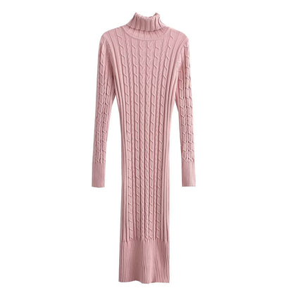 Early Autumn French Turtleneck Twist Knitted Long Sleeved Dress Skinny Sheath Split Bottoming Dress