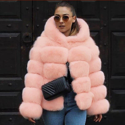 Autumn Winter Faux Fur Women Hooded Mid-Length Slim Fit Fox Fur Fur Coat for Women