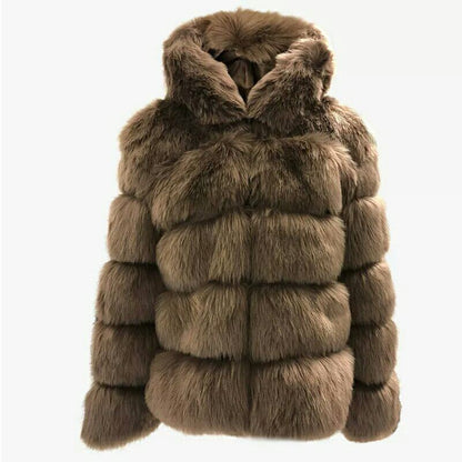 Autumn Winter Faux Fur Women Hooded Mid-Length Slim Fit Fox Fur Fur Coat for Women