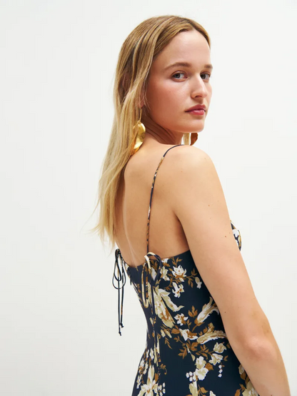 French Retro V neck Printing Slip Dress Women Shoulder Lace up Slim Fit Side Slit Seaside Holiday Midi Dress