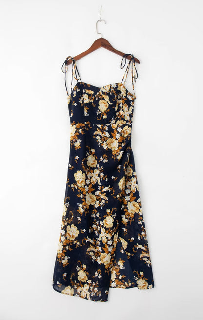 French Retro V neck Printing Slip Dress Women Shoulder Lace up Slim Fit Side Slit Seaside Holiday Midi Dress