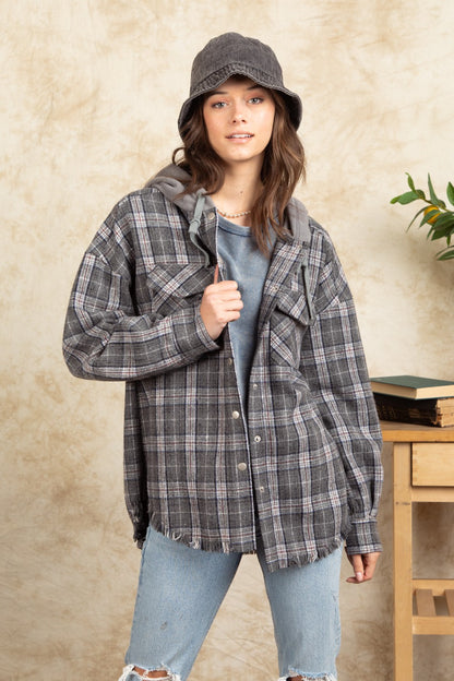 Winter Women Clothing Hooded Large Pocket Plaid Shacket