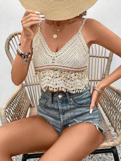 Women Hand Crocheted Halter Top With Fringe Hanging Beads