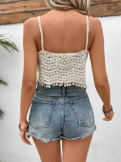 Women Hand Crocheted Halter Top With Fringe Hanging Beads