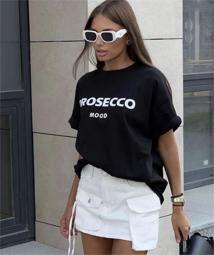 Letter Graphic Printed T Shirt Women Cotton Round Neck Loose Short Sleeves Top