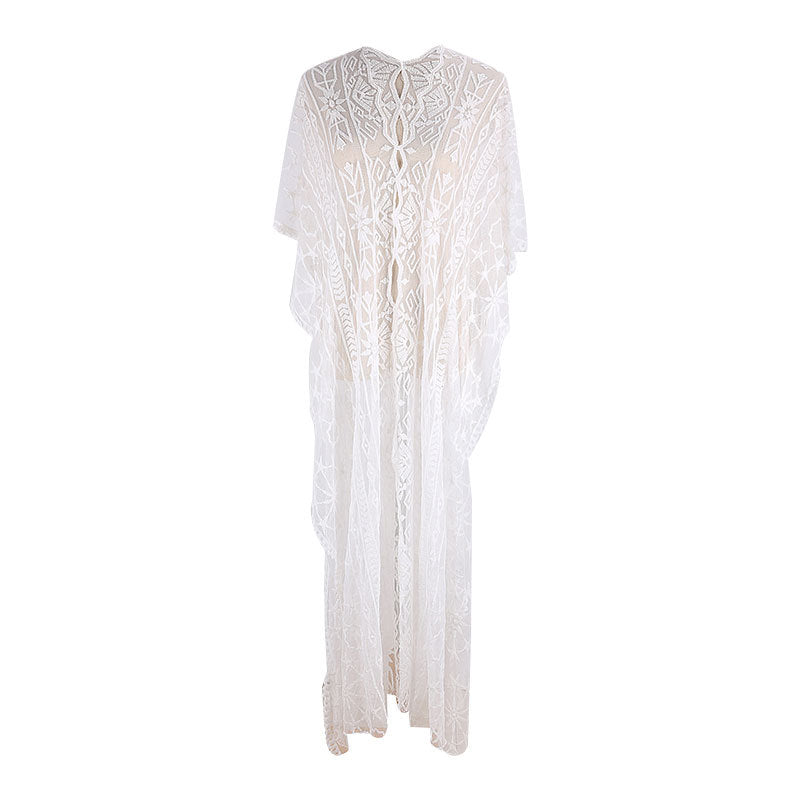 Mesh Embroidered Robe Loose Beach Dress Vacation Dress Beach Cover Up Sun Protection Clothing for Women