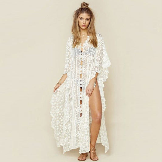 Mesh Embroidered Robe Loose Beach Dress Vacation Dress Beach Cover Up Sun Protection Clothing for Women