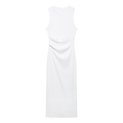 Spring Women Clothing Slim Fit Pleated Rib Sleeveless Dress