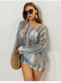 Beach Idle Knitwear Hollow Out Cutout out Loose Sun Protection Shirt Long Sleeve Printed Sheath Blouse Women Top