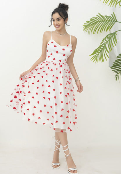 French Minority Exquisite Heart Peach Flocking Mesh Sweet Dress Slim Fit Suspender