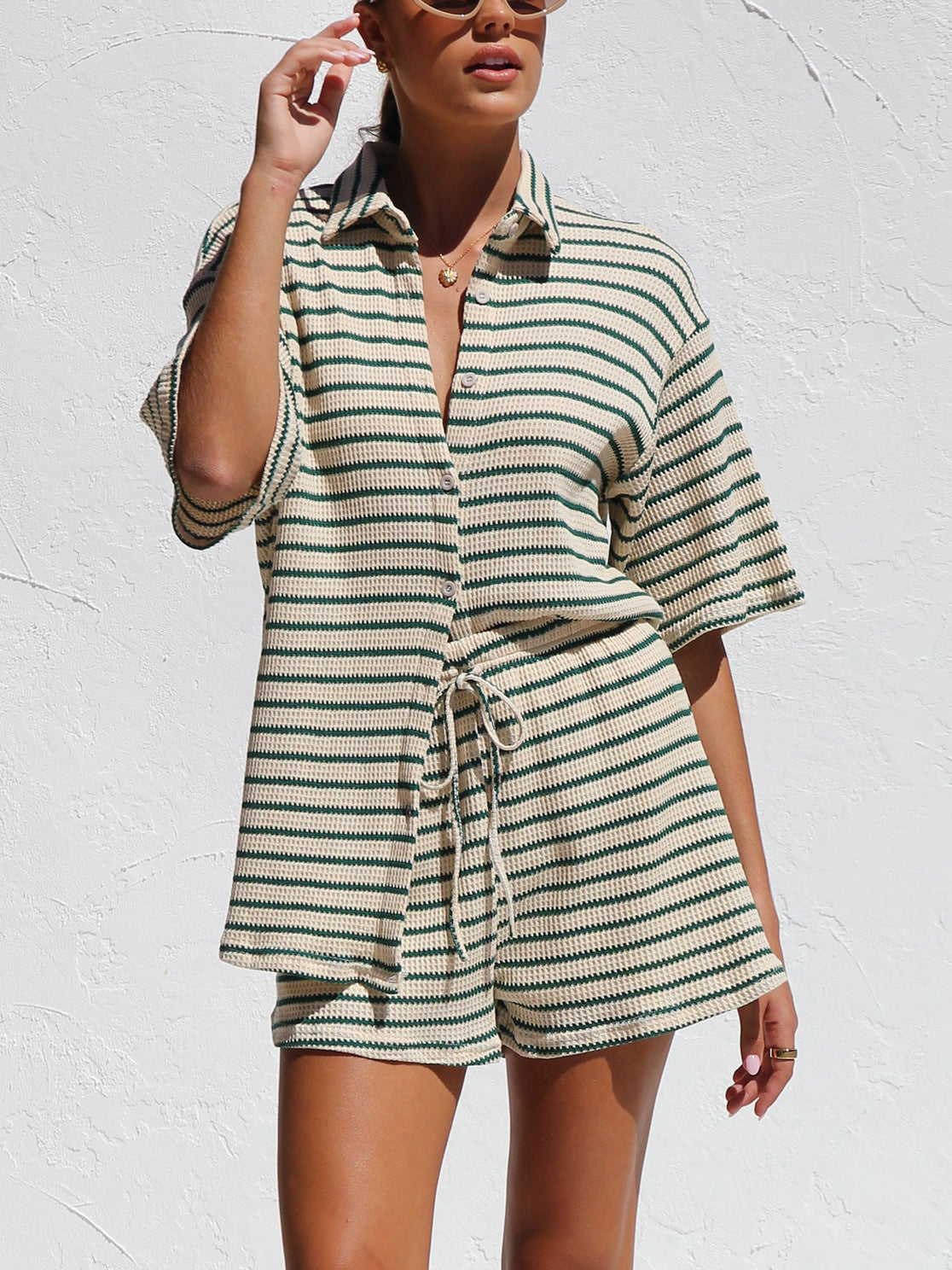 Ladies Summer Fresh Cotton Waffle Striped Shirt Shorts Sets