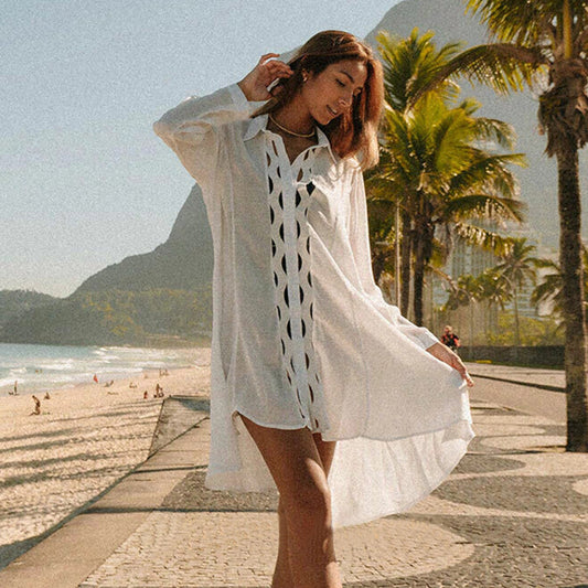 Slub Cotton Patchwork Edge Shirt Sun Protection Cardigan Vacation Beach Coat Bikini Cover up Blouse