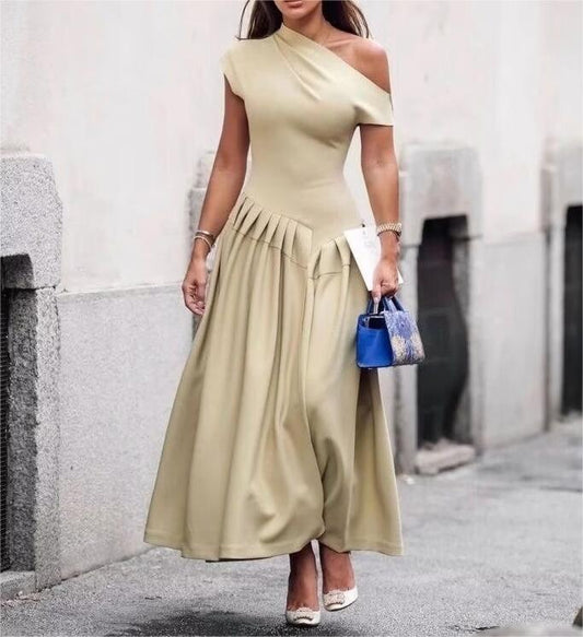 Spring Summer Women Clothing Dress Elegant Diagonal Collar Solid Color Turtleneck Pleated Slim Fit Dress