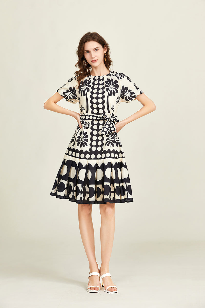 Women Summer Elegant Crew Neck Short Sleeve Belted A Line Dress