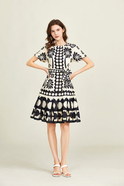 Women Summer Elegant Crew Neck Short Sleeve Belted A Line Dress