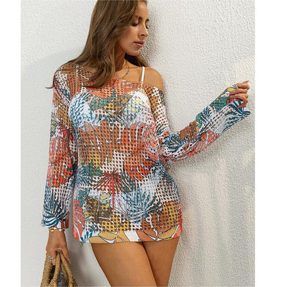 Loose Lazy Printed Knitwear Thin Seaside Holiday Blouse Beach Sun Protection Shirt Women Top