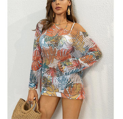 Loose Lazy Printed Knitwear Thin Seaside Holiday Blouse Beach Sun Protection Shirt Women Top