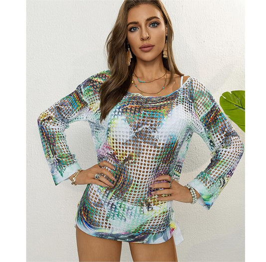 Bikini Cover Up Loose Sun Protection Shirt Idle See Through Blouse Thin T Shirt Women Summer Long Sleeved Shirt