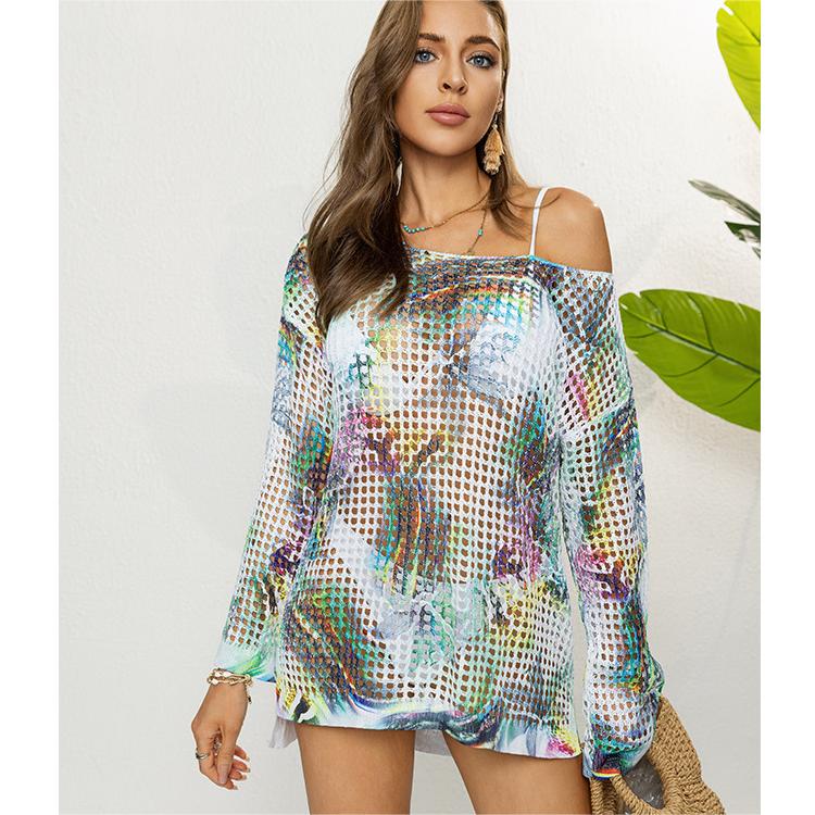 Bikini Cover Up Loose Sun Protection Shirt Idle See Through Blouse Thin T Shirt Women Summer Long Sleeved Shirt