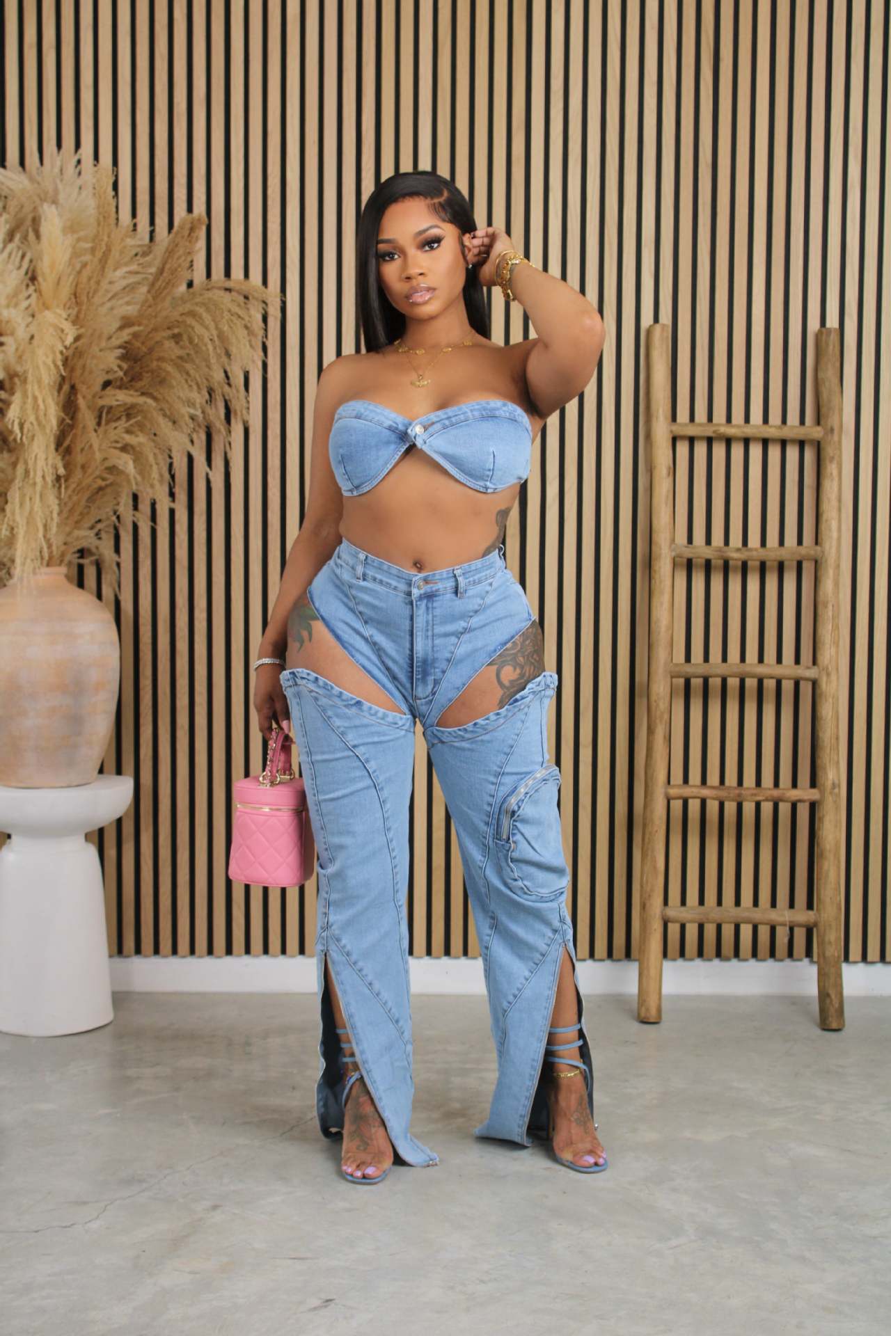 Washed Stretch Denim Special Split Zipper Three Dimensional Pocket Bandeau Sexy Set