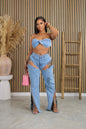 Washed Stretch Denim Special Split Zipper Three Dimensional Pocket Bandeau Sexy Set