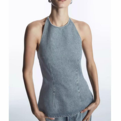 Summer Women Street Neck Sleeveless Denim Top