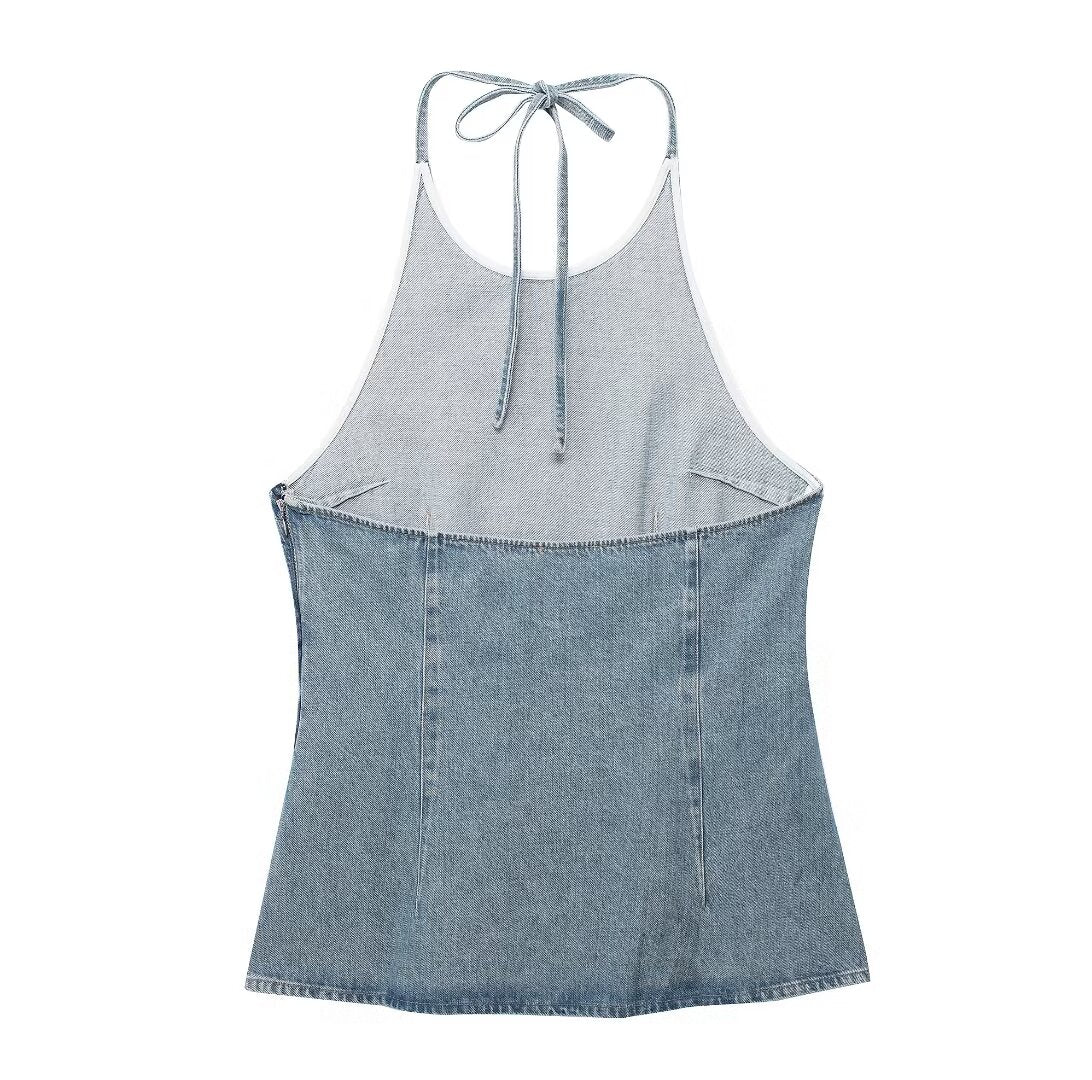 Summer Women Street Neck Sleeveless Denim Top