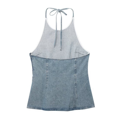 Summer Women Street Neck Sleeveless Denim Top