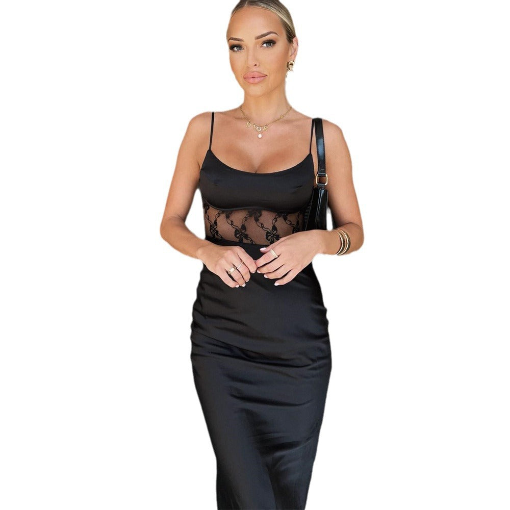 Women Wear Spring Summer Sexy Lace Stitching Satin Sheath Dress