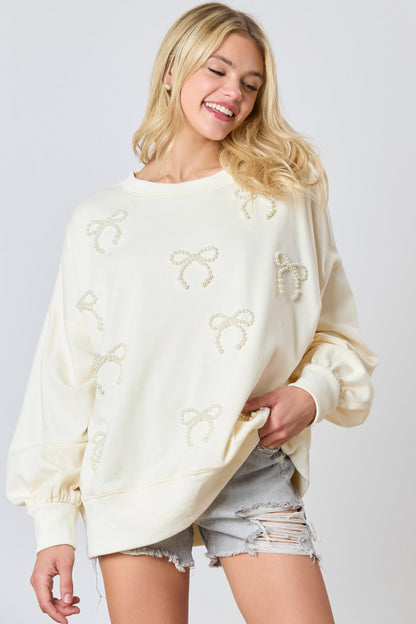 Autumn Winter Women Pearl Bow Decoration Long Sleeved Top Casual Sweatshirt