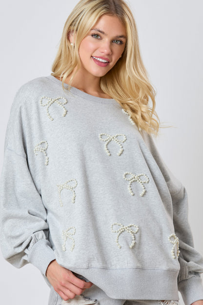 Autumn Winter Women Pearl Bow Decoration Long Sleeved Top Casual Sweatshirt