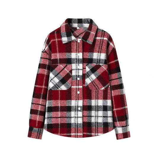 Spring Women Clothing Plaid Loose Fitting Shirt Woolen Coat Women