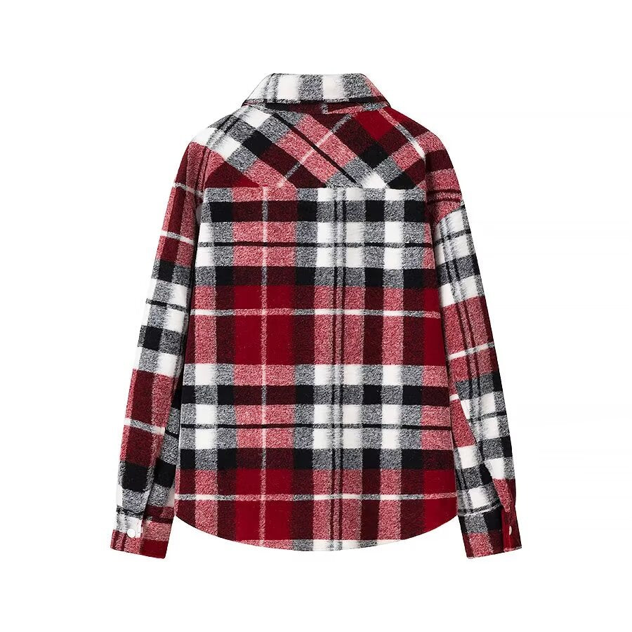 Spring Women Clothing Plaid Loose Fitting Shirt Woolen Coat Women