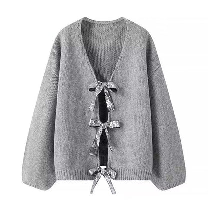 Women Sequined Bowknot Decoration Loose Knitted Sweater Cardigan