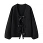 Women Sequined Bowknot Decoration Loose Knitted Sweater Cardigan