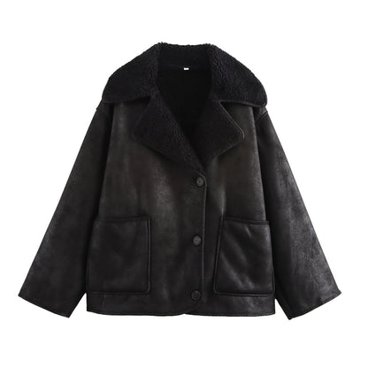 Fall Women Clothing Fashionable Simple Three Color Faux Shearling Jacket Long Sleeved Coat