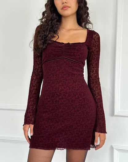 Retro Flocking Jacquard Long Sleeve Dress Women Autumn Winter French Sexy Skinny Sheath Mesh Skirt