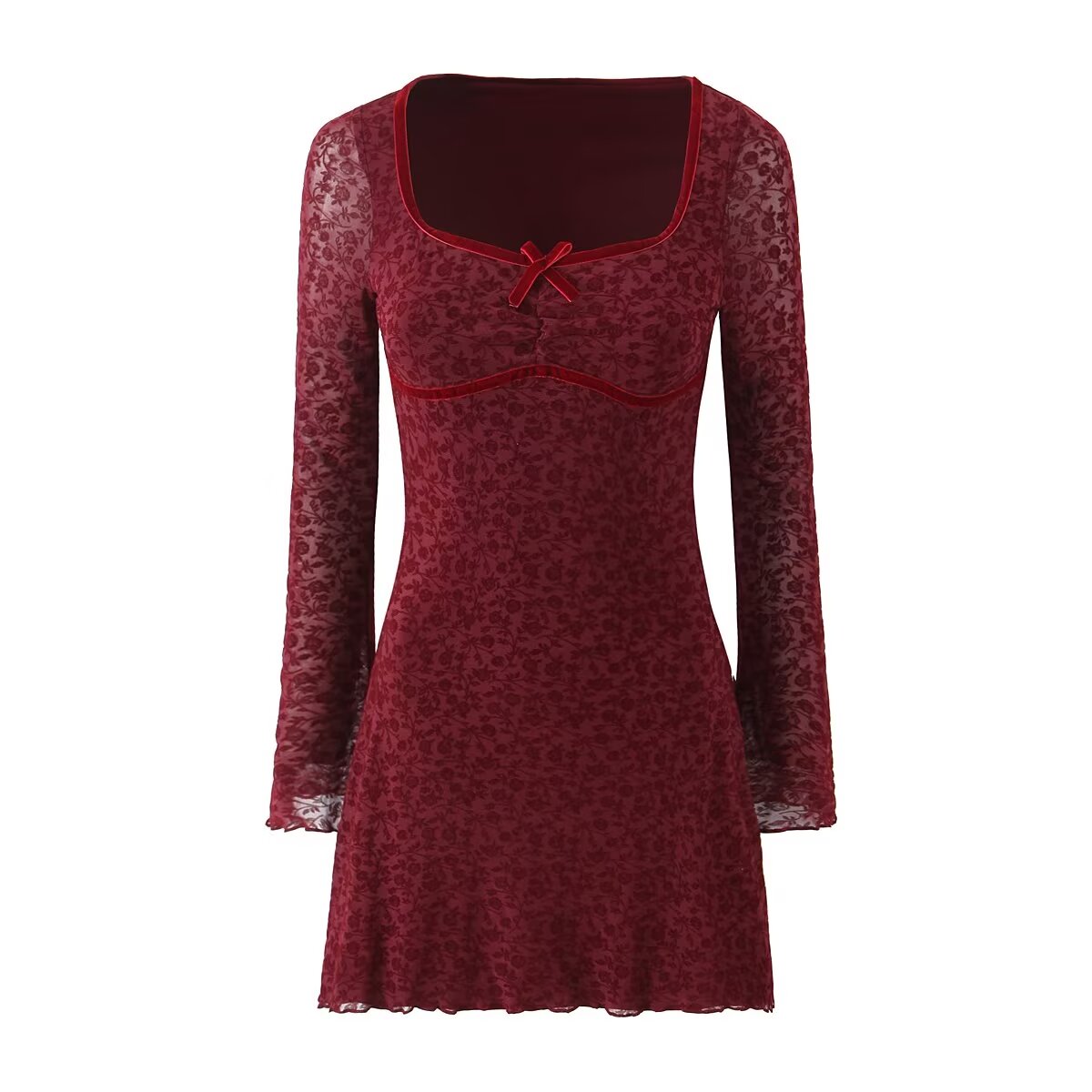 Retro Flocking Jacquard Long Sleeve Dress Women Autumn Winter French Sexy Skinny Sheath Mesh Skirt