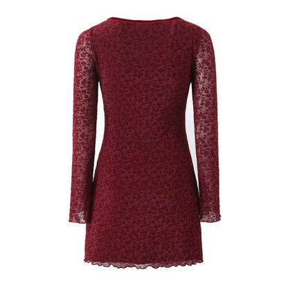 Retro Flocking Jacquard Long Sleeve Dress Women Autumn Winter French Sexy Skinny Sheath Mesh Skirt