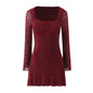 Retro Flocking Jacquard Long Sleeve Dress Women Autumn Winter French Sexy Skinny Sheath Mesh Skirt