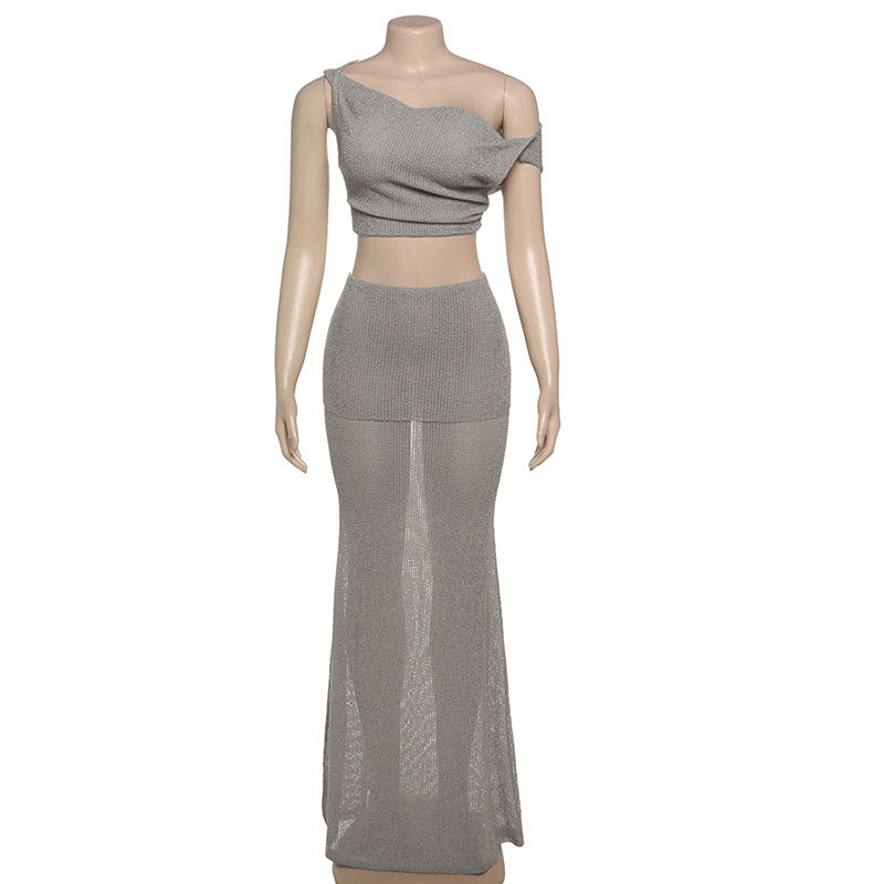 Spring Women Clothing Sexy Oblique Shoulder Backless Top Solid Color Slim Skirt Set Women