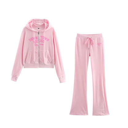 Letter Graphic Print Hooded Velvet Jacket Bootcut Pants Casual Sports Set