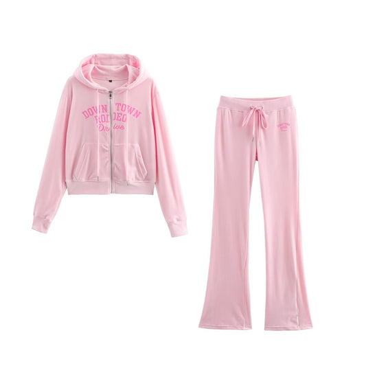 Letter Graphic Print Hooded Velvet Jacket Bootcut Pants Casual Sports Set