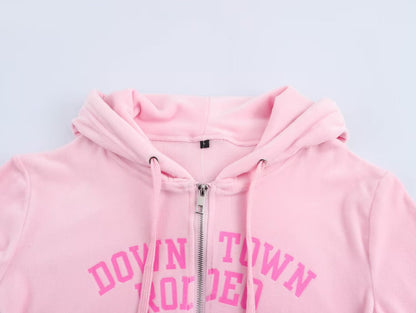 Letter Graphic Print Hooded Velvet Jacket Bootcut Pants Casual Sports Set