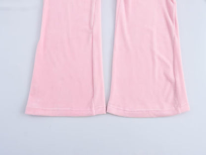 Letter Graphic Print Hooded Velvet Jacket Bootcut Pants Casual Sports Set