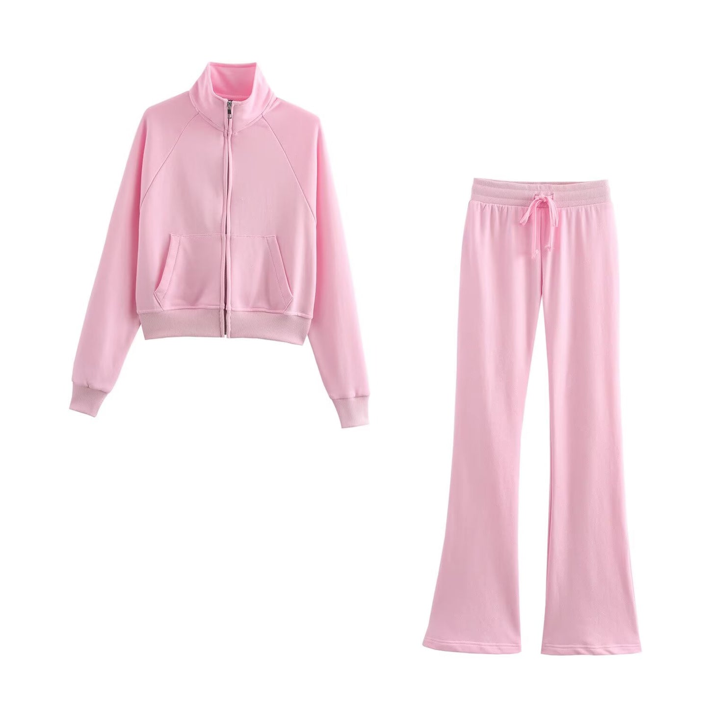 Women Clothing Long Sleeve Zipper Jacket Coat High Waist Flared Pants Sweater Set