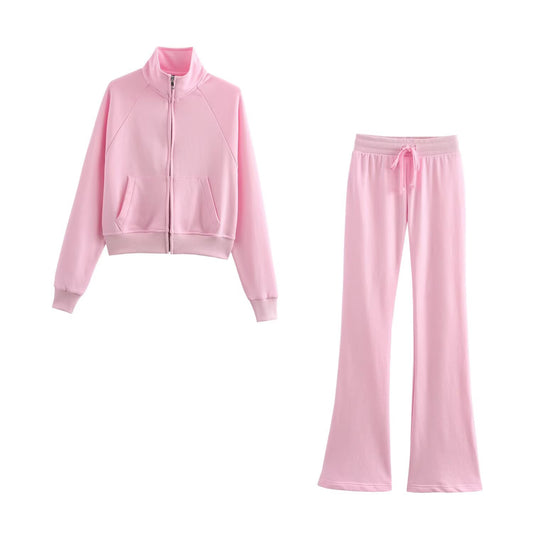 Women Clothing Long Sleeve Zipper Jacket Coat High Waist Flared Pants Sweater Set