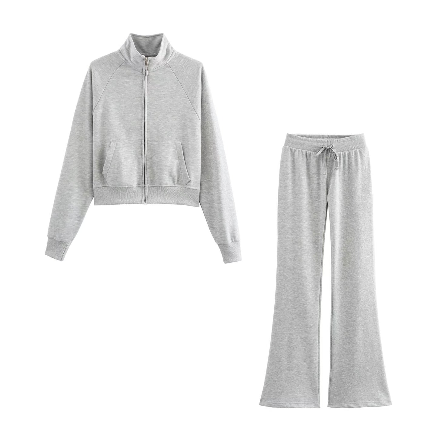 Women Clothing Long Sleeve Zipper Jacket Coat High Waist Flared Pants Sweater Set