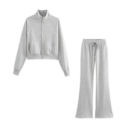 Women Clothing Long Sleeve Zipper Jacket Coat High Waist Flared Pants Sweater Set