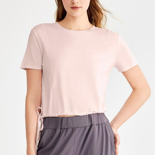 Yoga Clothes Summer Women Sports Short Sleeved Top Drawstring Hem O neck Short T shirt Soft Glutinous All Match Fitness Clothes Short T